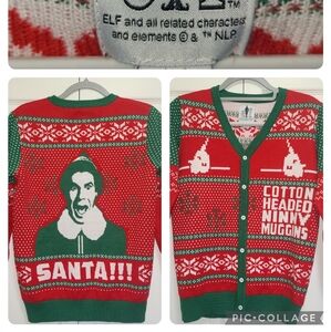 ELF The Movie Men's S Headed Ninny Muggins Button-Down Ugly Christmas‎ Sweater